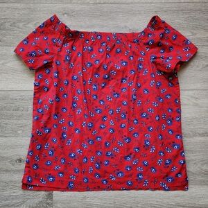 Banana Republic Red Floral Top Womens Large Blue Pattern Short Sleeves